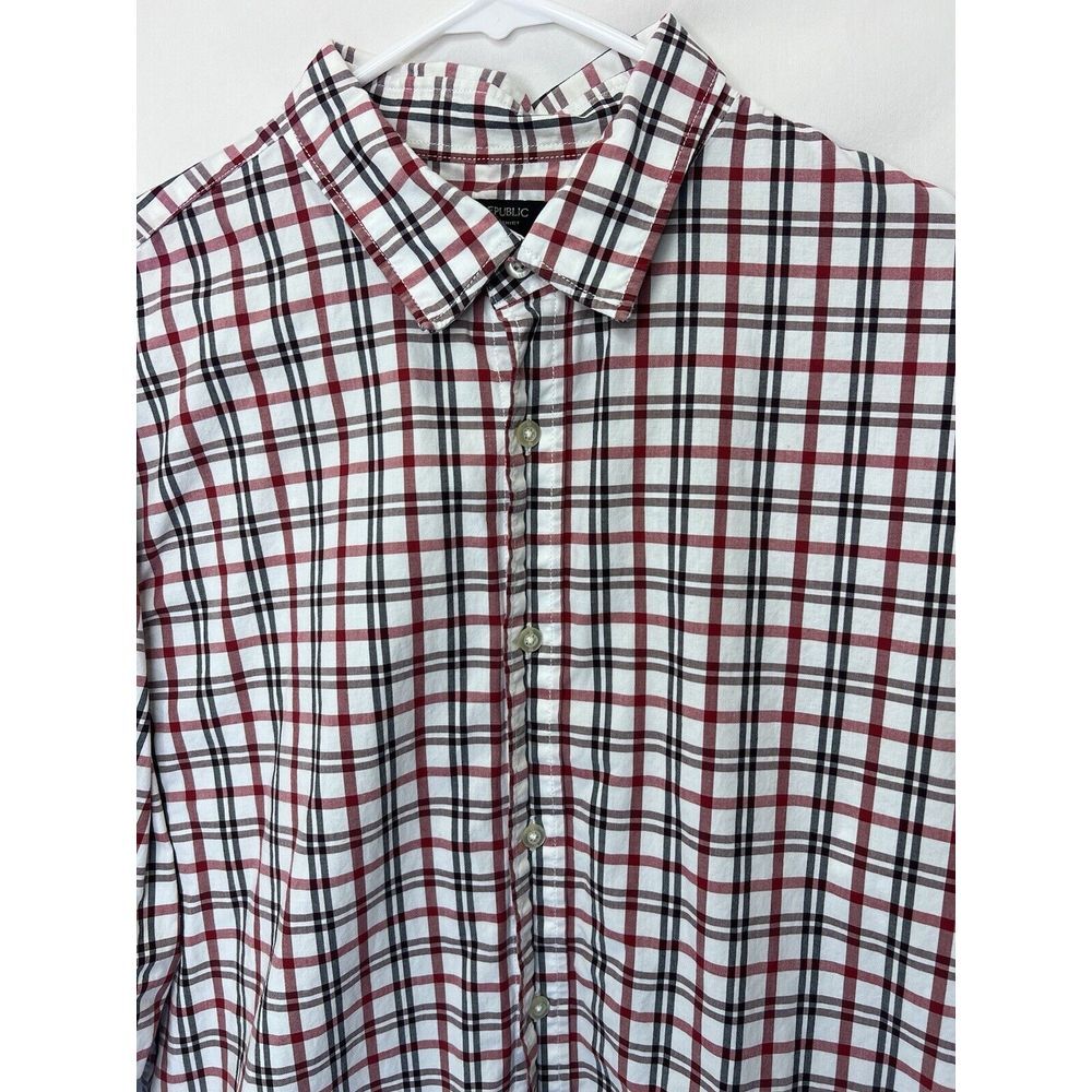 Banana Republic Button Shirt Mens Large Grant Fit‎ Red Black Plaid Long Sleeve